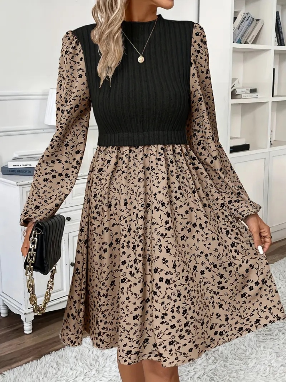 SHEIN Black And Floral Beige Semi Sweater dress